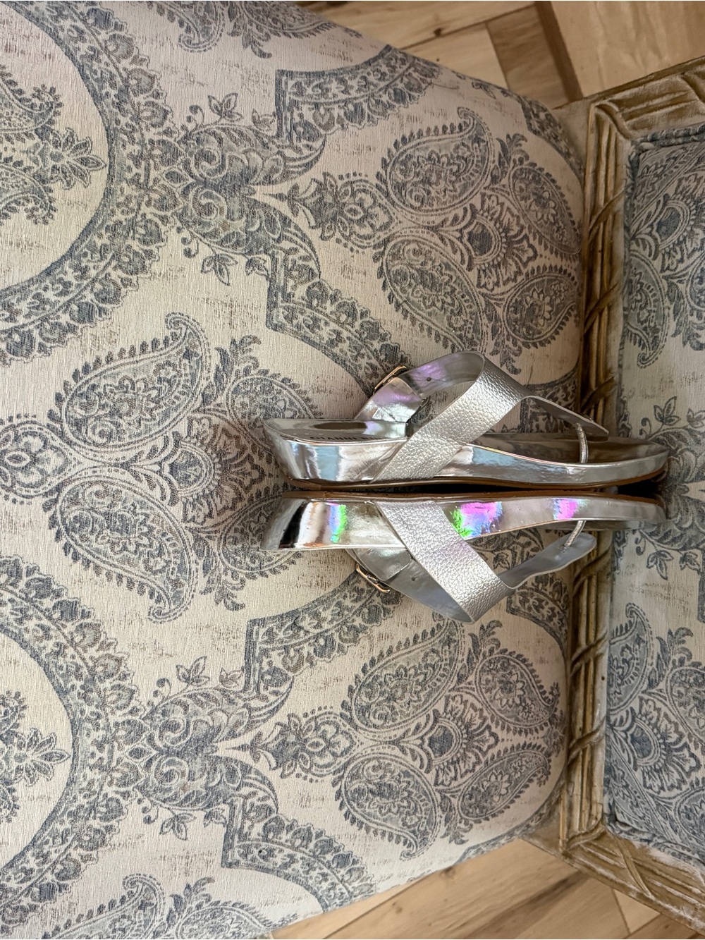 Gianni Bini Silver Metallic T-strap Sandals with Stud Detail - Picture 9 of 10